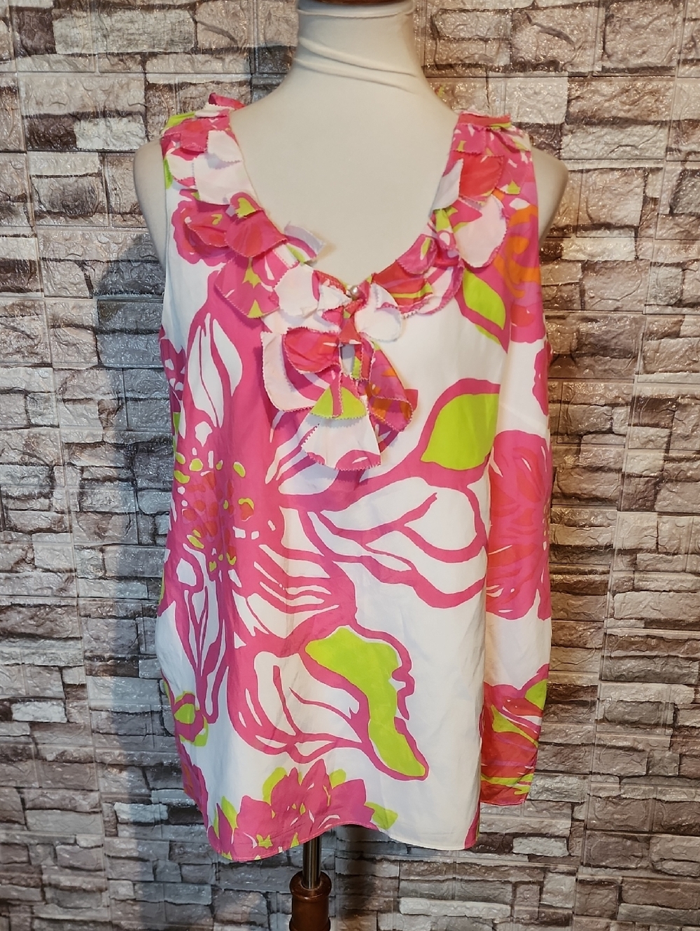 Lilly Pulitzer Sleeveless Floral Ruffle Tank Top - Pink & White